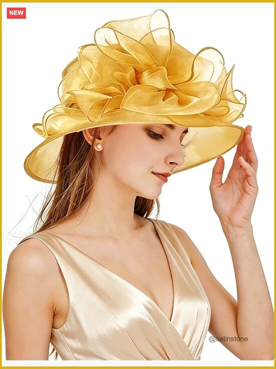 Organza Wide Brim Derby Hat with Flower Fascinator for Tea Party Wedding